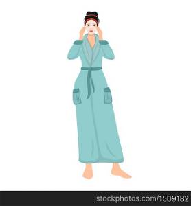 Woman in bathrobe with face sheet mask flat color vector faceless character. Girl moisturizing skin isolated cartoon illustration for web graphic design and animation. Skincare SPA procedure