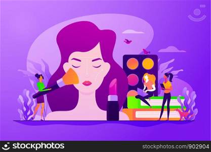 Woman in beautician parlor. Female character testing skin care product in beauty salon. Makeup courses, make up school, cosmetics masterclass concept. Vector isolated concept creative illustration. Makeup courses concept vector illustration