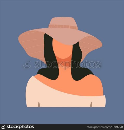 Woman in beige hat on blue background. Woman silhouette portrait. Vector illustration.
