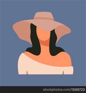 Woman in beige hat on blue background. Woman silhouette portrait. Vector illustration.