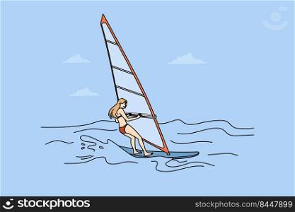Woman in biking windsurfing in sea. Female have fun enjoy active extreme summer vacation. Vector illustration.. Woman in biking windsurfing
