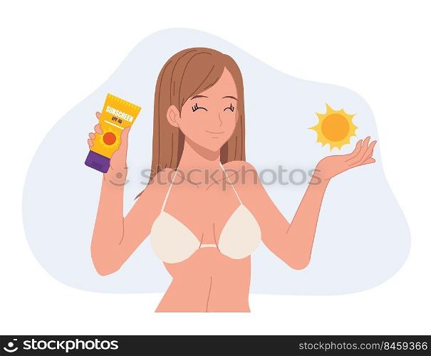Woman in bikini showing sun protection product.sunblock,sunscreen.sunburn it&rsquo;s a little problem. skin care concept.