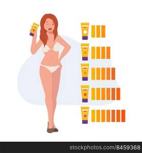 Woman in bikini showing sun protection product. sunblock,sunscreen. skin care concept.Flat vector cartoon character illustration.
