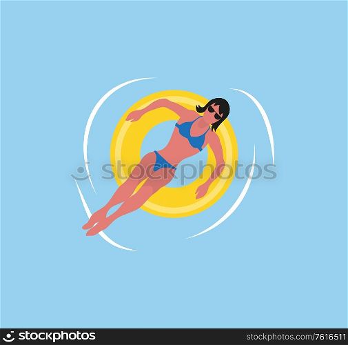 Woman in blue bikini swimsuit swimming on yellow inflatable donut in water. Vector summer rest, girl in bra and trunks relaxing on rubber safety toy. Woman in Blue Bikini Swimsuit on Inflatable Donut