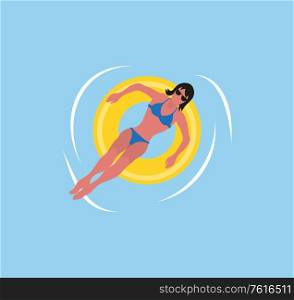 Woman in blue bikini swimsuit swimming on yellow inflatable donut in water. Vector summer rest, girl in bra and trunks relaxing on rubber safety toy. Woman in Blue Bikini Swimsuit on Inflatable Donut