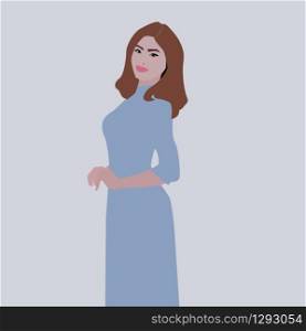 Woman in blue dress, illustration, vector on white background.