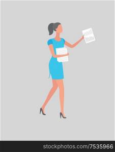 Woman in blue dress on high heels with list of paper in hands vector cartoon character isolated. Business worker attractive lady side view with report info. Woman in Blue Dress, High Heels with List of Paper