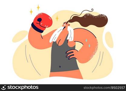 Woman in boxing glove raises hand in sign of victory over opponent and demonstrates muscles. Girl from boxing club with towel around neck, showing strength and skills gained during training. Woman in boxing glove raises hand in sign of victory over opponent and demonstrates muscles