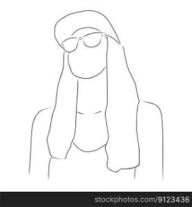 Woman in cap and sunglasses, vector. Hand drawn sketch. Woman in a tank top, cap and sunglasses, silhouette.