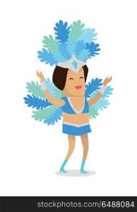 Woman in Carnaval Costume. Smiling woman in blue carnaval costume with plumage. Carnival party. Carnival dancer. Woman samba dancer. Rio carnival. Carnival girl. Isolated vector illustration in flat design.