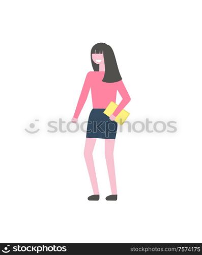 Woman in cartoon style with book in hand vector isolated person. Faceless girl with textbook, student in black skirt and pink sweater in flat design. Woman in Cartoon Style with Book in Hand Vector