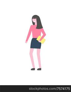 Woman in cartoon style with book in hand vector isolated person. Faceless girl with textbook, student in black skirt and pink sweater in flat design. Woman in Cartoon Style with Book in Hand Vector