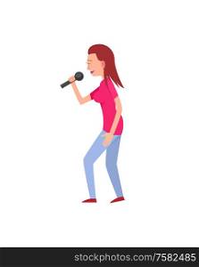 Woman in casual clothes singing song with microphone. Flat character, solo concert, side view of standing artist, musical performance of girl vector. Woman Solo Concert, Side View of Artist Vector