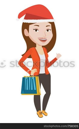 Woman in christmas hat holding shopping bags. Caucasian woman carrying shopping bags with christmas gifts. Girl shopping for christmas gifts. Vector flat design illustration isolated on background.. Woman in santa hat shopping for christmas gifts.