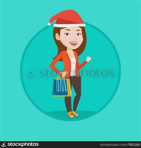 Woman in christmas hat holding shopping bags. Woman carrying shopping bags with christmas gifts. Girl shopping for christmas gifts. Vector flat design illustration in the circle isolated on background. Woman in santa hat shopping for christmas gifts.