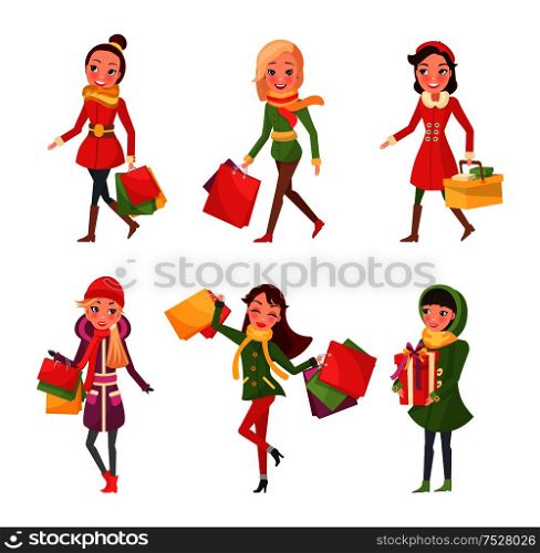Woman in Christmas winter holidays, shopping gifts to family and friends vector. Customers with bags and presents, bought from shops on sale discounts. Woman in Christmas Holidays, Shopping Presents