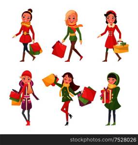 Woman in Christmas winter holidays, shopping gifts to family and friends vector. Customers with bags and presents, bought from shops on sale discounts. Woman in Christmas Holidays, Shopping Presents