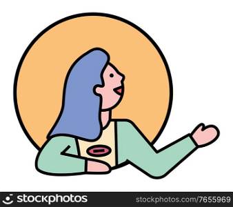 Woman in circle with thin black line border. Young lady look away and talk to someone. Person posing alone, female portrait in round pictogram. Minimalistic vector illustration in flat style. Woman Posing Alone, Person on Minimalistic Picture
