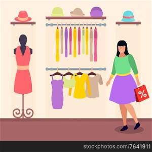Woman in clothes shop with shopping bag, sale at department store. Garment dresses and shirt, hats and top. Lady buying apparels for wardrobe. Pink dress on mannequin. Vector illustration flat style. Woman in Clothes Store Buying and Wearing Apparel