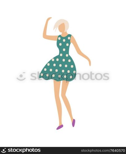 Woman in club having fun vector, person wearing dress with polka dot print moving with music rhythms, blonde feminine lady clubbing. Nightlife of girl. Dancing Woman in Dress with Polka Dot Print Vector