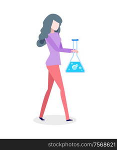 Woman in colorful clothes holding big bulb with blue liquid vector. Professianal making scine experiment, chemist reaserching isolated on white vector. Chemist Woman Holding Bolb with Blue Liquid Vector