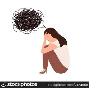 Woman in depression and has sad think. Woman in a sad and anxious state holding her head. Tired young girl with chaos in her mind. Vector illustration.