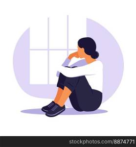 Woman in depression with bewildered thoughts in her mind. Young sad girl sitting in window and hugging her knees. Flat style