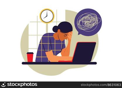 Woman in depression with bewildered thoughts in her mind. Young sad girl sitting at laptop. Vector illustration. Flat .