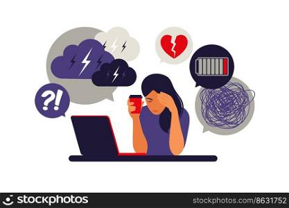 Woman in depression with bewildered thoughts in her mind. Young sad girl sitting at laptop. Vector illustration. Flat.