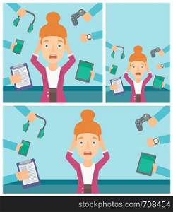 Woman in despair and many hands with gadgets around her. Woman surrounded with gadgets. Woman using many electronic gadgets. Vector flat design illustration. Square, horizontal, vertical layouts.. Young woman surrounded with her gadgets.