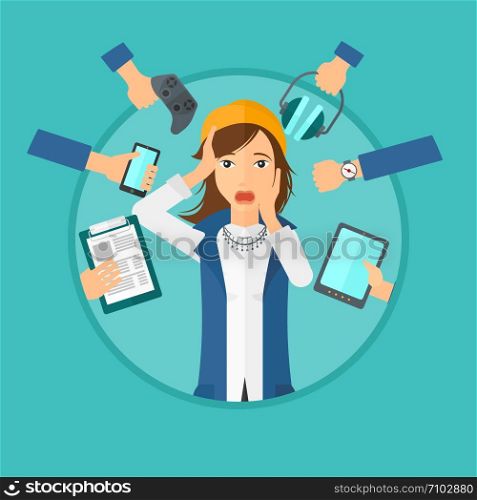 Woman in despair and many hands with gadgets around her. Young woman surrounded with gadgets. Woman using many electronic gadgets. Vector flat design illustration in the circle isolated on background.. Young woman surrounded with her gadgets.