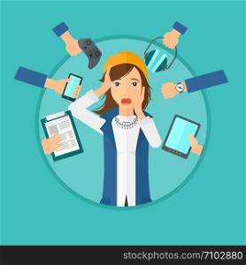 Woman in despair and many hands with gadgets around her. Young woman surrounded with gadgets. Woman using many electronic gadgets. Vector flat design illustration in the circle isolated on background.. Young woman surrounded with her gadgets.