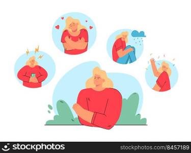 Woman in different moods and states vector illustration. Person  suffering from distracted behavior, mood changes, feeling angry, sad or happy. For mental disorder, stress, bipolar disease concept