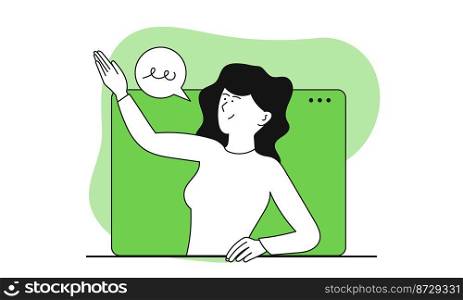 Woman in digital marketing and business person vector illustration. Web technology and strategy seo. Character management work and manager communication with company. Discussion internet scene