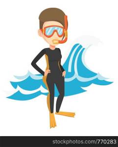 Woman in diving suit, flippers, mask and tube standing on the background of wave. Diver enjoying snorkeling. Diver ready for snorkeling. Vector flat design illustration isolated on white background.. Young scuba diver vector illustration.