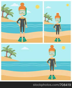 Woman in diving suit, flippers, mask and tube standing on the beach. Female scuba diver on the beach. Woman enjoying snorkeling. Vector flat design illustration. Square, horizontal, vertical layouts.. Female scuba diver on beach vector illustration.