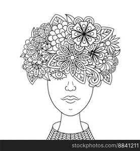 Woman in doodle style for coloring book.  Woman face with a lot of flowers on a head isolated on a white background. Vector Illustration. 