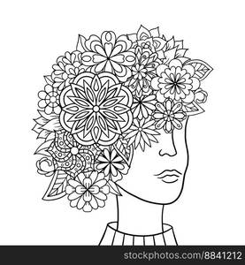 Woman in doodle style for coloring book.  Woman face with a lot of flowers on a head isolated on a white background. Vector Illustration. 