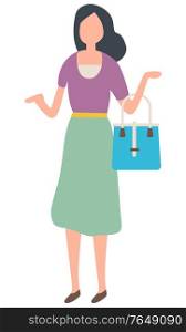 Woman in dress holding handbag, female character choosing. Element of shopping, sale old collection, business retail, lady in store, discount vector. Lady in Dress Choosing Clothes, Shopping Vector