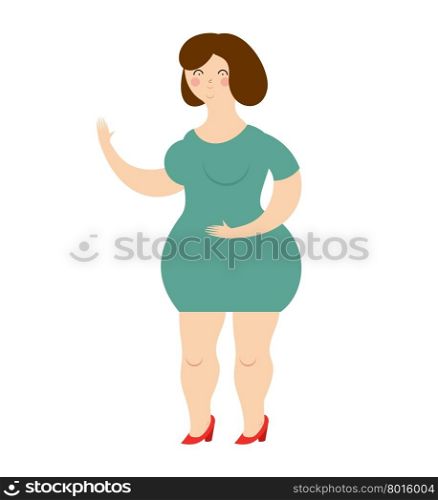Woman in dress on white background. Cheerful girl in green dress. Fat girl smiles.&#xA;