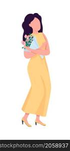 Woman in dress with bouquet semi flat color vector character. Dynamic figure. Full body person on white. Date isolated modern cartoon style illustration for graphic design and animation. Woman in dress with bouquet semi flat color vector character