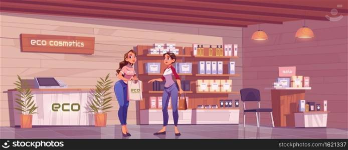 Woman in eco cosmetics store, assistant offer makeup or skincare production to customer in beauty goods shop. Saleswoman stand at showcase with cosmetic bottles on shelves. cartoon vector illustration. Woman in eco cosmetic store assistant and customer