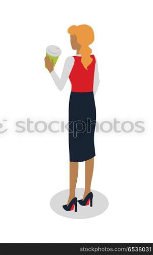 Woman in Expencive Suit Drinks Coffee. Vector. Street food buyer isolated. Woman in expensive suit drinks coffee. Back view. Cartoon character with hot beverage. Concept illustration for street food consumption. Quick snack. Fast food. Vector