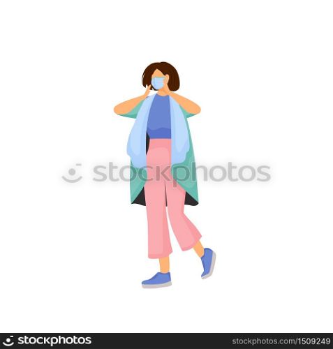 Woman in face mask flat color vector faceless character. Mouth protection from dirty air. Influenza virus precaution. Breathing hygiene. Ill female. Air pollution isolated cartoon illustration