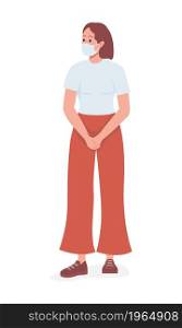 Woman in face mask semi flat color vector character. Standing figure. Full body person on white. Health safety isolated modern cartoon style illustration for graphic design and animation. Woman in face mask semi flat color vector character