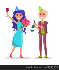 Woman in festive hat, with bouquet of flowers and cocktail. Man in suit and festive cap, with bottle of champagne in hands celebrate birthday party. Woman in Festive Hat, Bouquet of Flowers, Cocktail