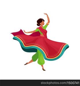 Woman in flowing sari flat color vector faceless character. Dynamic dancing pose. Indian female performer. Teej festival celebration isolated cartoon illustration for web graphic design and animation. Woman in flowing sari flat color vector faceless character