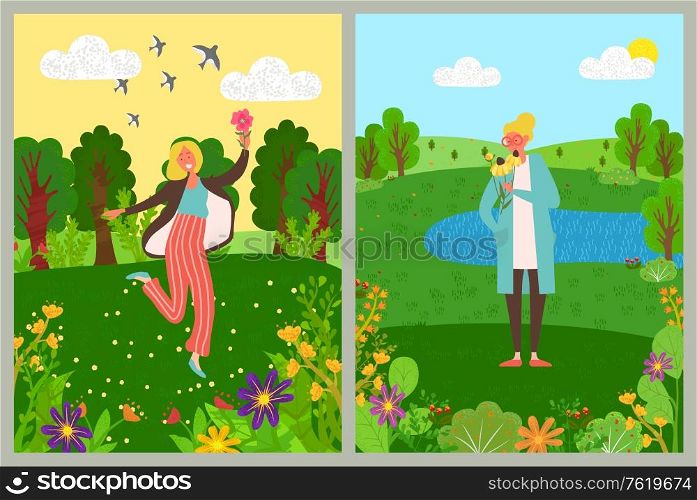 Woman in forest gathering flowers, green trees and lakes and blue sky with birds. Vector people having fun on nature, eco clean environment and female. Woman in Forest Gathering Flowers, Green Trees