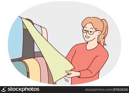 Woman in glasses choosing wallpapers in shop. Smiling female client look at s&les in store for house interior renovation. Vector illustration.. Woman choosing wallpapers in shop