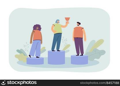 Woman in glasses getting first place in competition. Female and male persons on podium flat vector illustration. Award ceremony, sports, success concept for banner, website design or landing web page